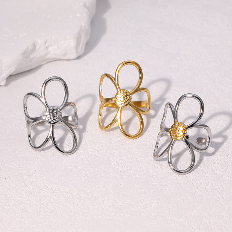 Minimalist Two-Tone Hollow Flower Open Ring 18K Gold Plated Stainless Steel Jewelry for Women