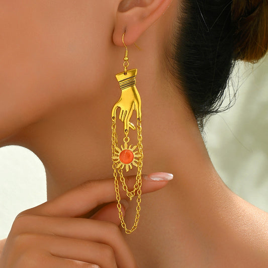 Pendientes Hiphop Geométricos con Forma de Mano de Aleación de Zinc con Incrustaciones de Pedrería para Mujer