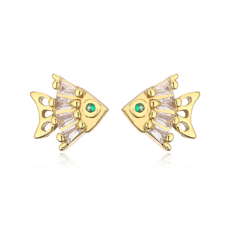 Minimalist 18K Gold Plated Copper Micro-set Zircon Geometric Fish Stud Earrings for Women
