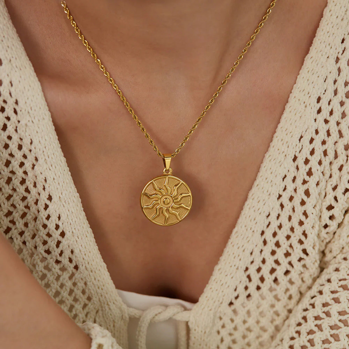 Punk Style Sun Symbol Pendant Necklace for Women in Stainless Steel with Titanium Steel Pendant and Plated Finish on Twisted Chain