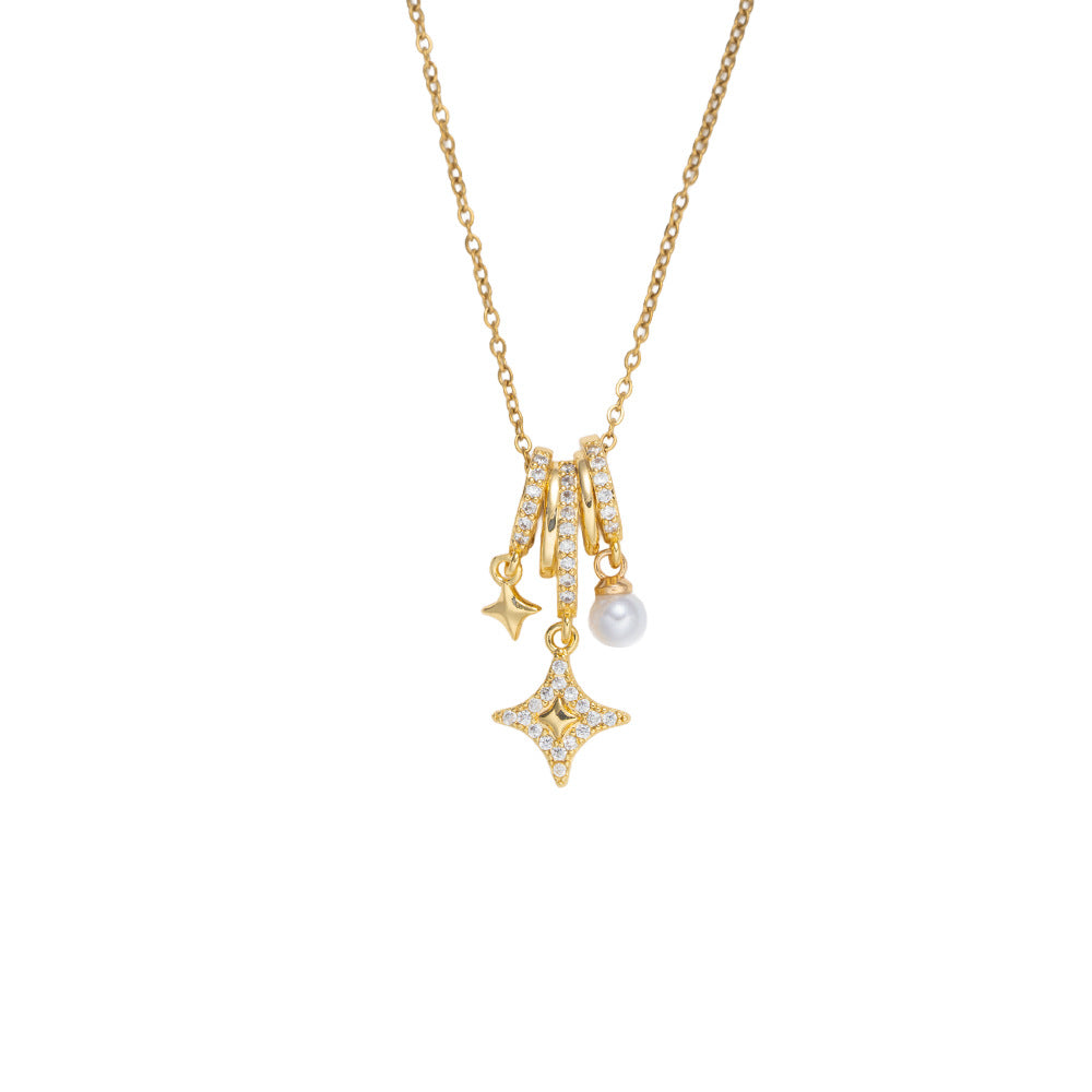 Minimalist Star-Shaped Titanium Steel Necklace with Zircon Inlay for Women, Elegant Clavicle Chain with Gold Plating and O-Chain Style