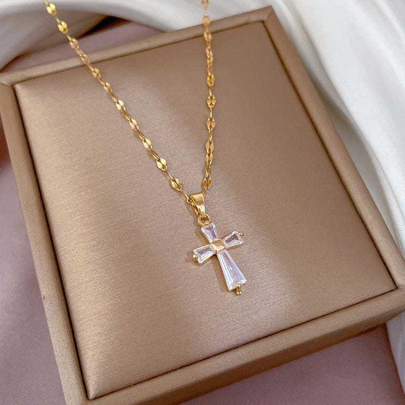 Luxury Minimalist Titanium Steel Geometric Cross Pendant Necklace for Women Collar Chain with Rhinestone Inlay