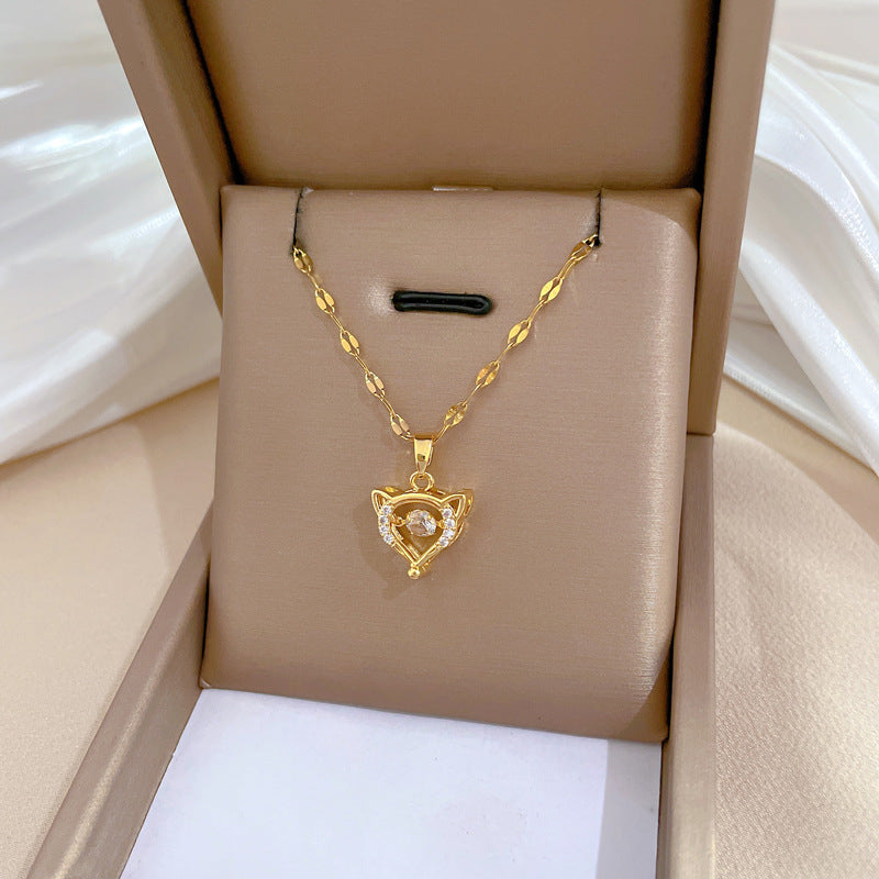 Cute Fox-Shaped Minimalist Titanium Steel Necklace with Rhinestone Inlay for Women, Dainty Clavicle Chain