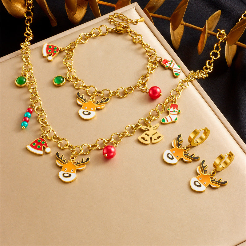 Sweet Cartoon Drip Oil Animal Pendant Stainless Steel Plated Cable Chain Jewelry Set for Women