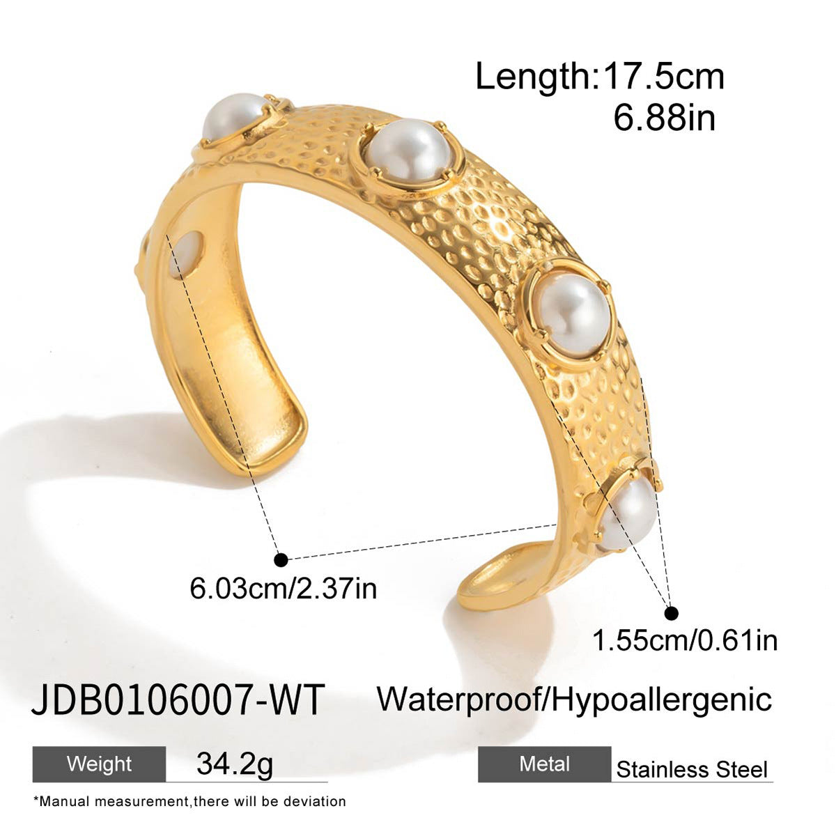 Pulsera de Acero Inoxidable con Textura Martillada a la Moda para Mujer con Detalles de Resina Turquesa y Perlas