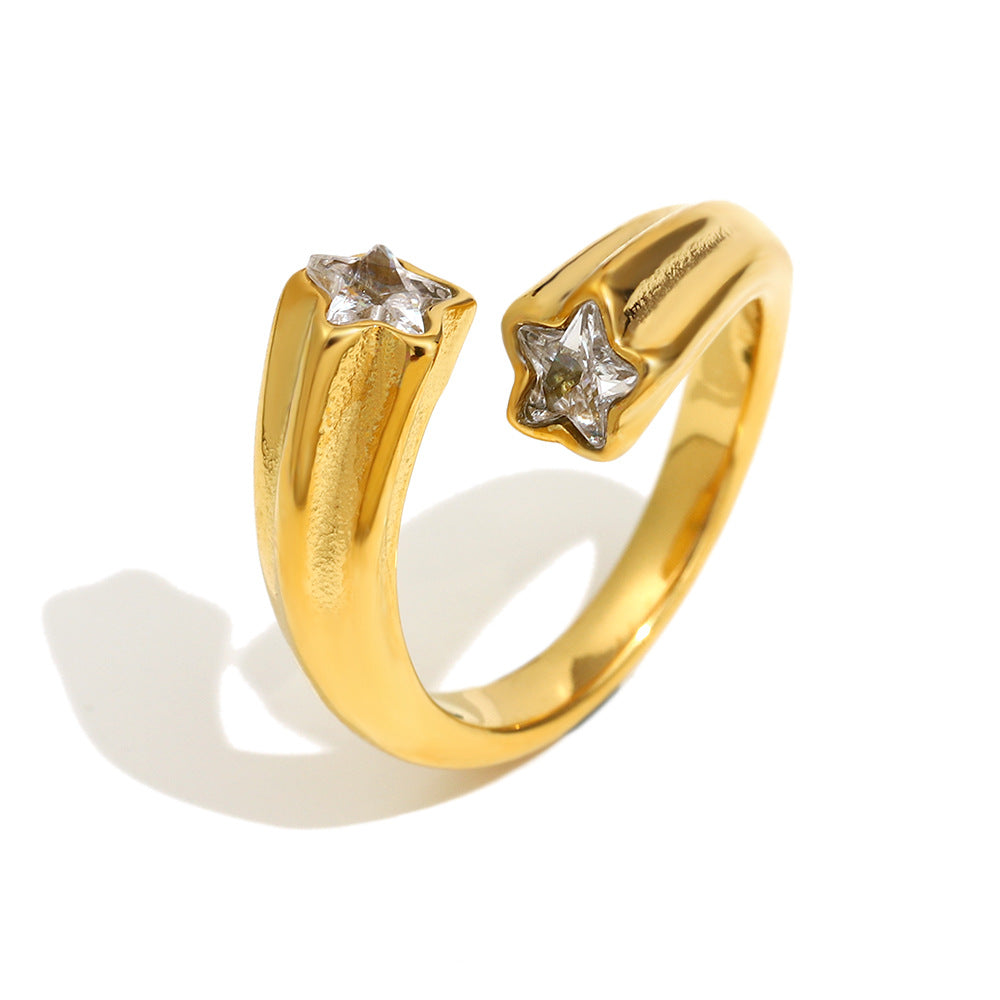 Fashionable Star-Shaped Stainless Steel Ring with 18K Gold Plating and Zircon Inlay for Women