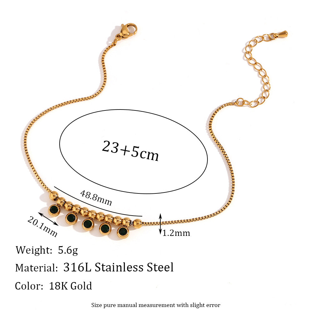 Vintage Geometric Stainless Steel Anklet with 18K Gold Plating and Green Rhinestone Accents for Women