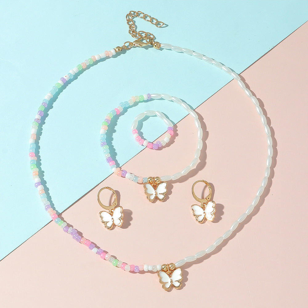 Cute Minimalist Children's Jewelry Set with Enamel Butterfly Pendant on Beaded Chain, 5-Piece Matching Earrings Necklace Bracelet Set