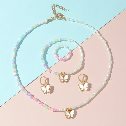 Cute Minimalist Children's Jewelry Set with Enamel Butterfly Pendant on Beaded Chain, 5-Piece Matching Earrings Necklace Bracelet Set