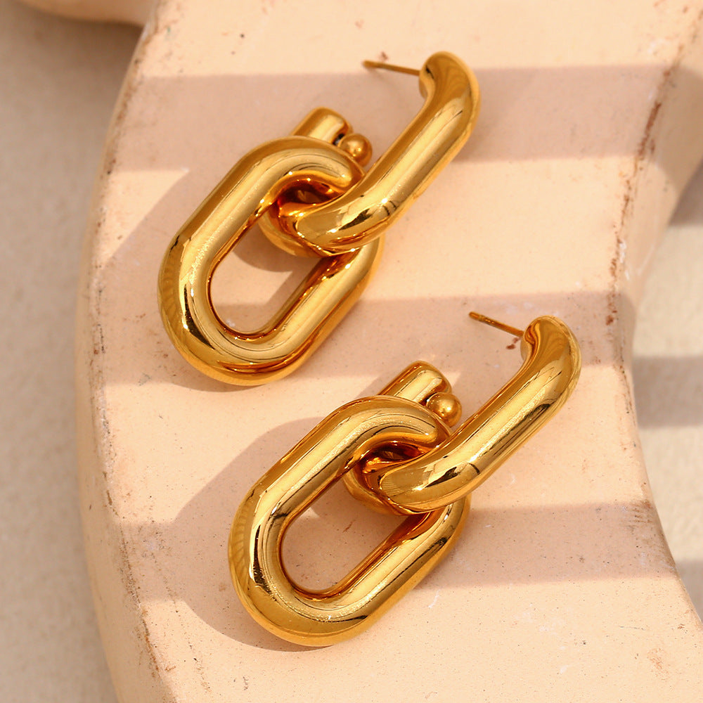 Minimalist Geometric Stainless Steel Earrings with 18K Gold Plating Hollow Chain Design for Women
