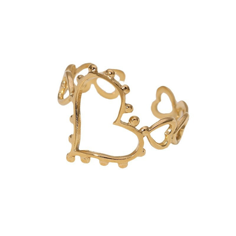 Minimalist Heart-Shaped Stainless Steel Ring with Hollow-Out Design and 18K Gold Plating for Women