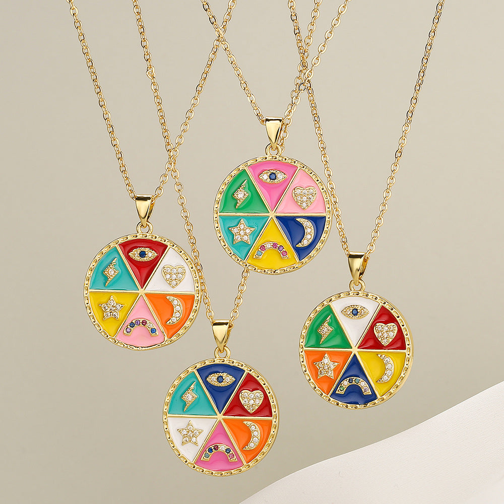 Bohemian Style Geometric Copper Pendant Necklace with Enamel Finish, Zircon-Set Eye and Star-Moon Motif