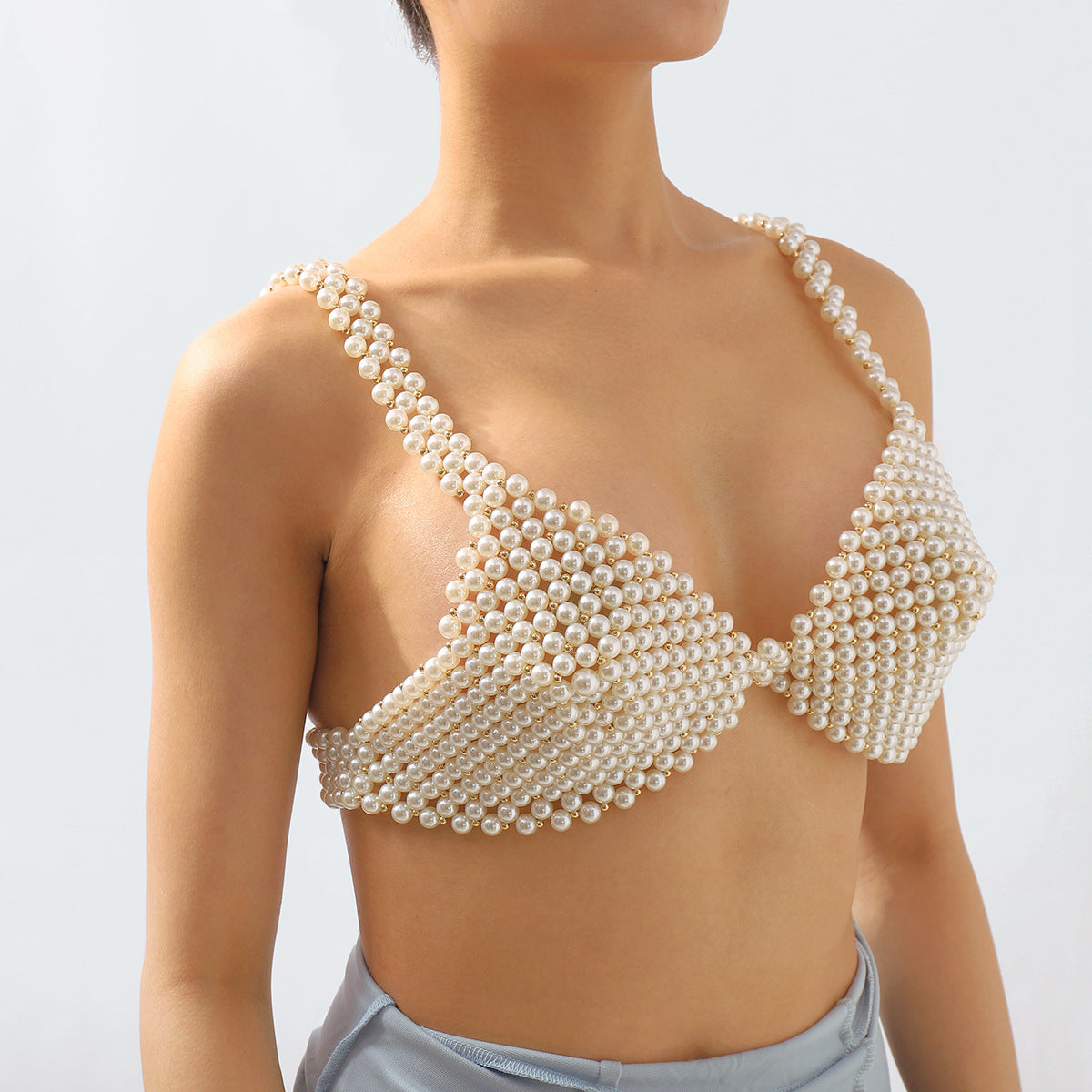 Handmade Geometric Pearl Body Chain for Women with Imitation Pearls and CCB Accents