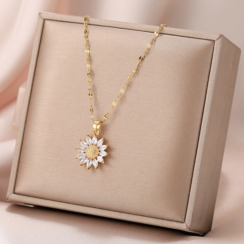 Original Design Sunflower Pendant Necklace for Women in Titanium Steel with Micro-Pave White Zirconia, Irregular Shape Locket Chain