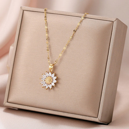 Original Design Sunflower Pendant Necklace for Women in Titanium Steel with Micro-Pave White Zirconia, Irregular Shape Locket Chain