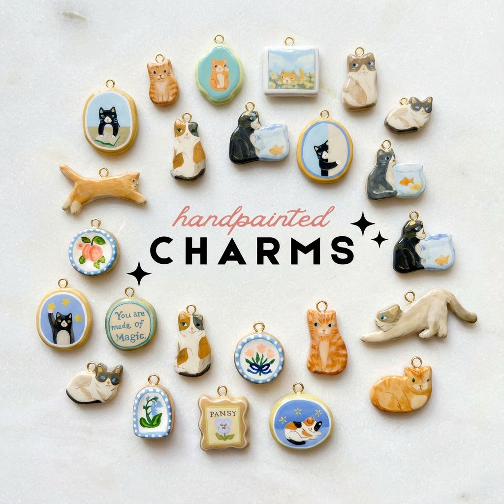 Vintage Round Stainless Steel Cat Print PVD Gold Plated DIY Charm Bar Pendant