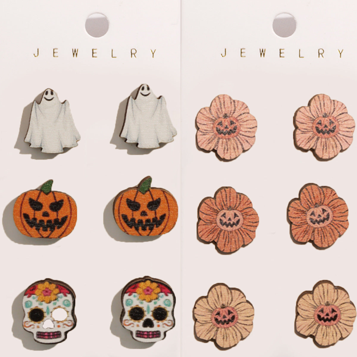 Conjunto de pendientes de madera con forma de calabaza fantasma y diablillo con temática de Halloween y postes de acero inoxidable