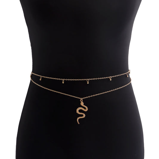 Punk Style Double-Layer Snake Chain Waist Chain for Women with Alloy Beads and Slim Design