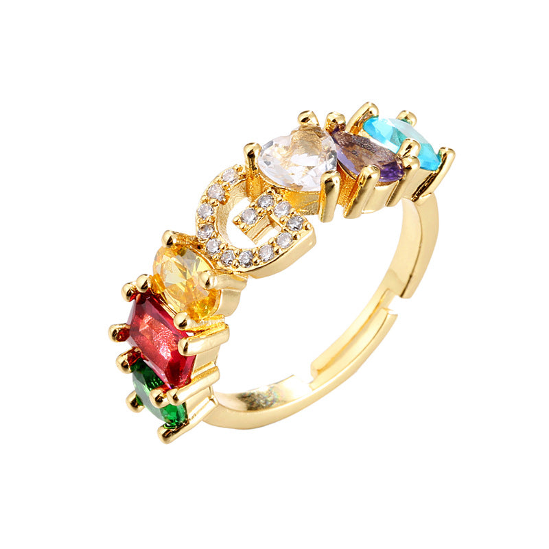 Hand-Set Cubic Zirconia Letter Open Ring Gold Plated Brass Adjustable Women