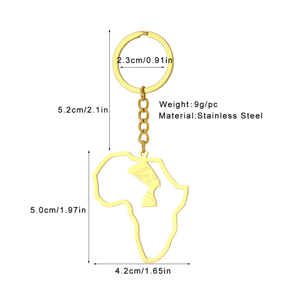 Portachiavi con ciondolo a forma di mappa africana minimalista per donna in acciaio inossidabile placcato oro con design Nefertiti