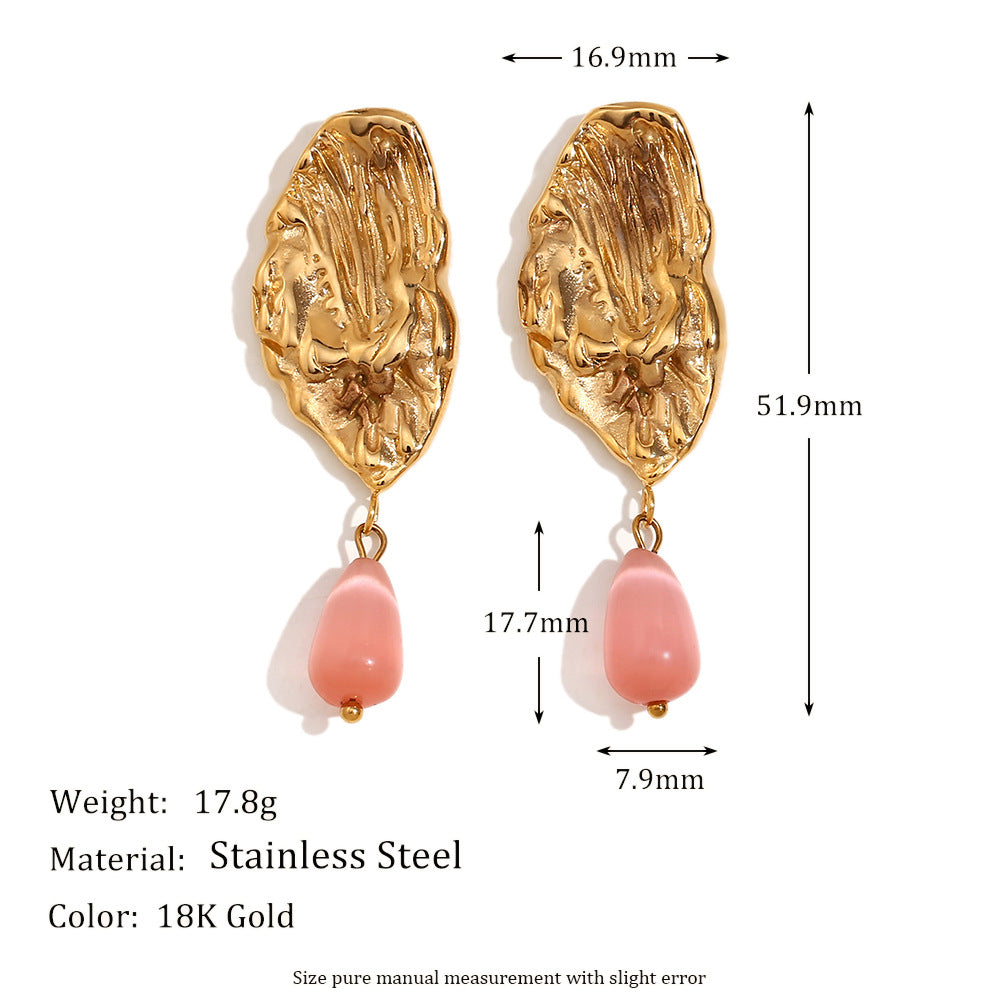 Vintage-Style Teardrop-Shaped Stainless Steel Earrings with 18K Gold Plating and Natural Stone Accents for Women