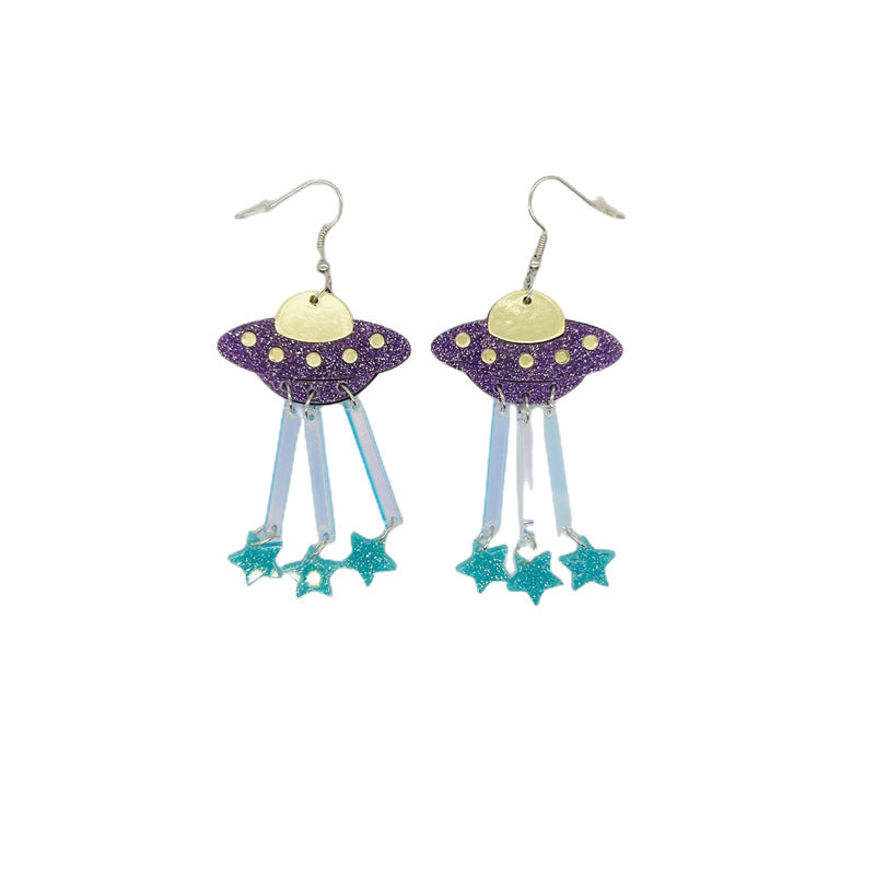 Pendientes de platillo volador alienígena OVNI con luna, estrella, vaca, gato y arco iris de acrílico extragrande para mujer con detalle cortado a láser