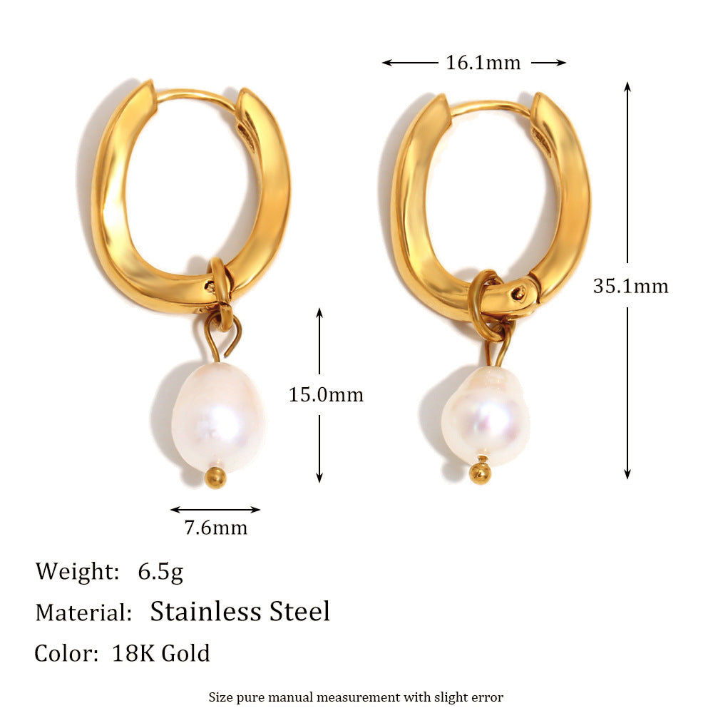 Minimalist Geometric Stainless Steel Ear Hooks with 18K Gold Plating and Irregular U-Shaped Pearl Accents for Women