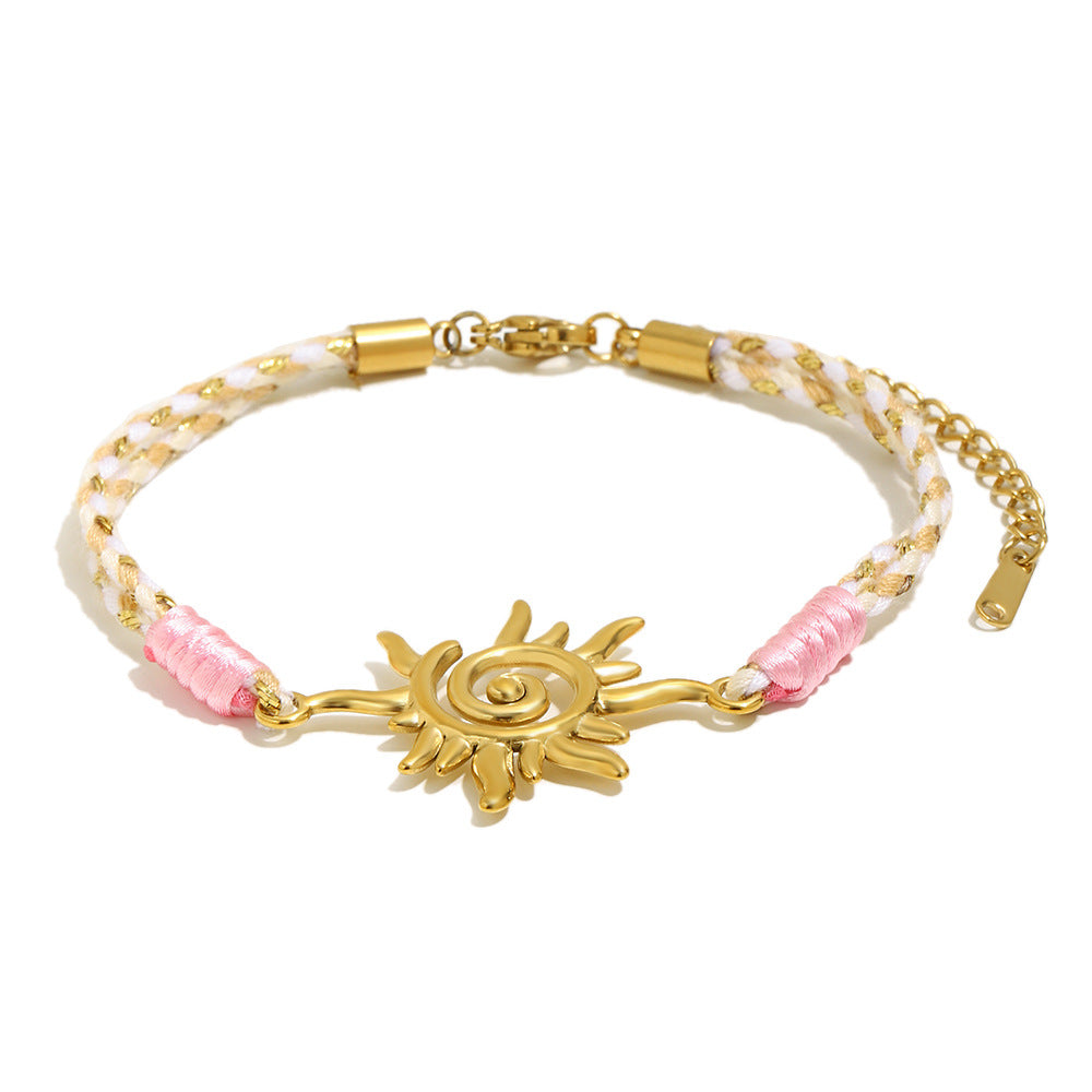 Minimalist 18K Gold Plated Geometric Sun Stainless Steel Rope Bracelet for Women