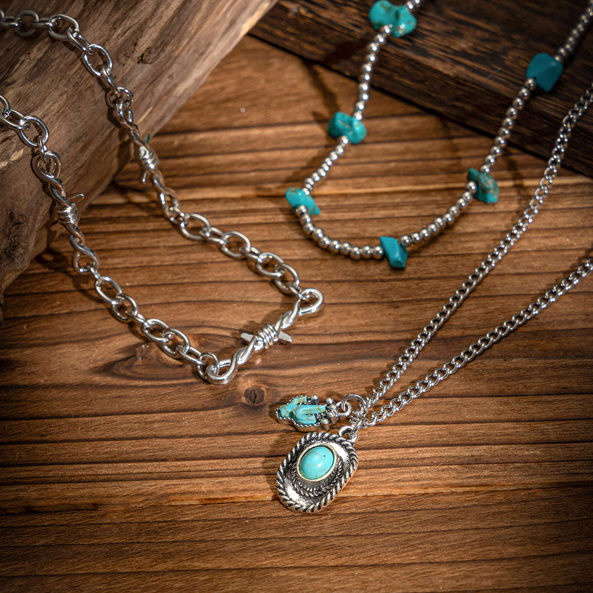 Vintage Bohemian Turquoise Cactus Pendant Alloy Plated Necklace for Women
