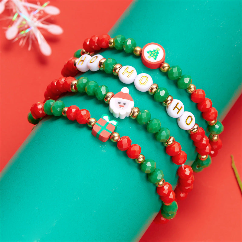 Casual Geometric Resin and Crystal Beaded Bracelet with Snowflake and Christmas Bell Charms for Women