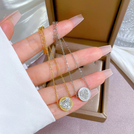 Vintage Style Round Heart-Shaped Titanium Steel Bracelet with Rhinestone Inlay for Women