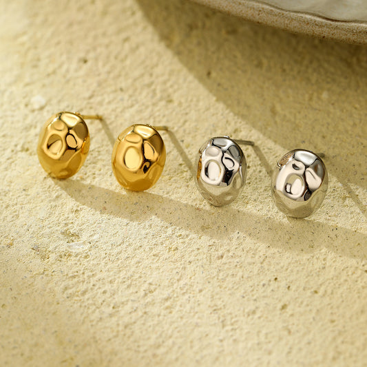 Fashion OL 18K Gold Plated Hammered Oval Stainless Steel Stud Earrings for Women