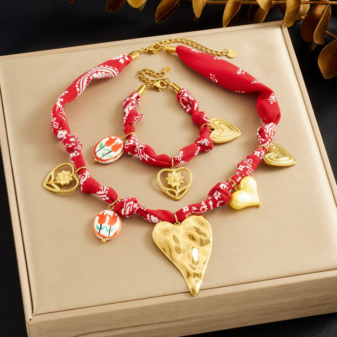 Bohemian Vintage Heart Floral Ceramic Plated Stainless Steel Pendant Necklace Set for Women