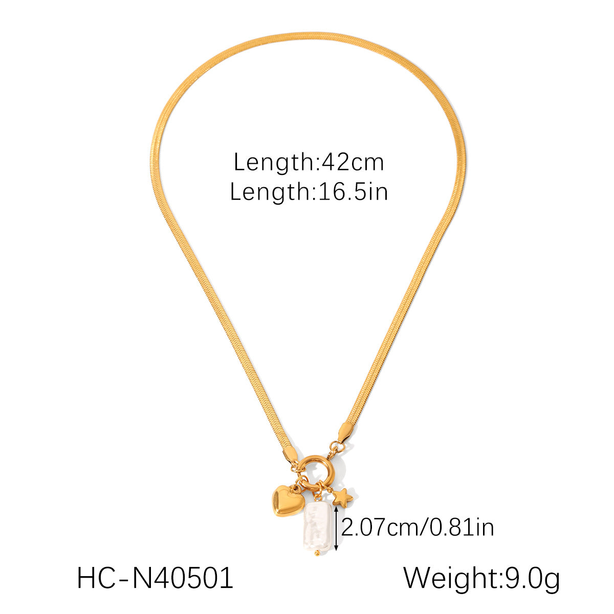 Collana a catena in acciaio inossidabile con ciondoli in acciaio al titanio e perle, forme geometriche (cuore, stella, goccia), finitura placcata, per donne