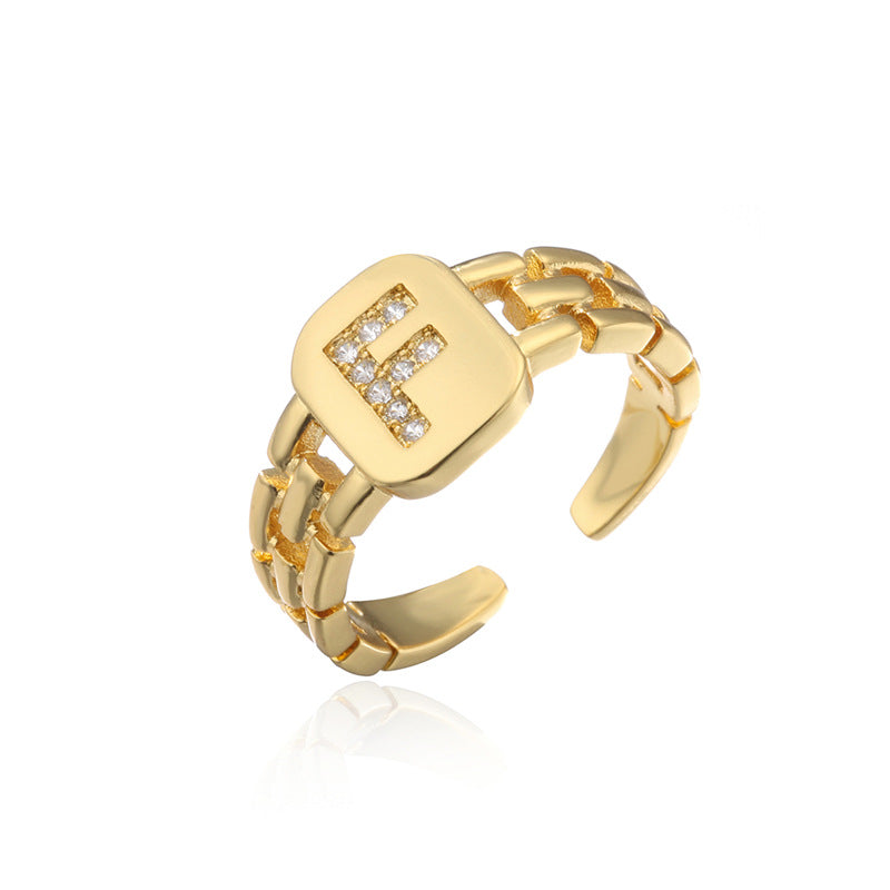 Minimalist Letter Shape Copper Ring with Micro-Pavé Setting Adjustable Geometric Band