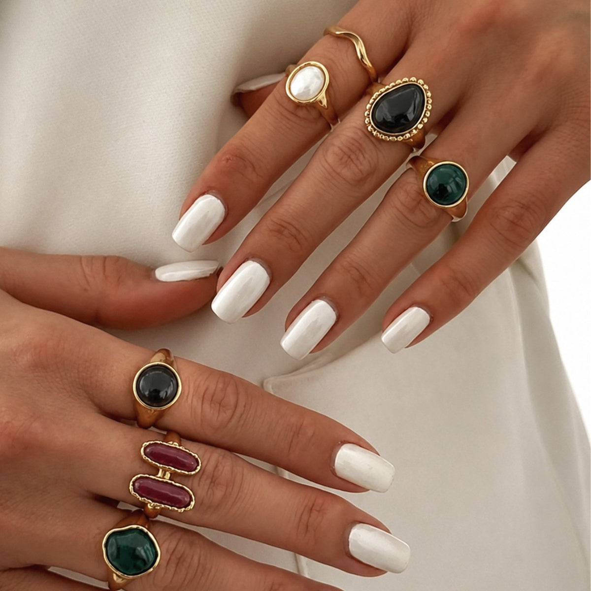 Vintage Luxury Oval Geometric Gemstone Plated Zinc Alloy Open Ring for Women