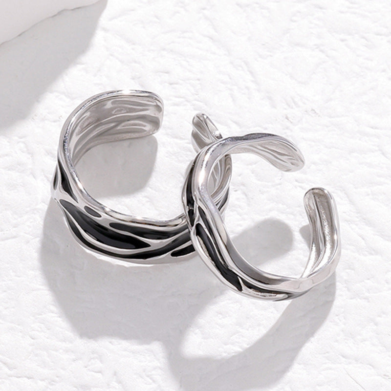 Minimalist Stainless Steel Adjustable Couple Rings with Enamel Finish, Irregular Shape Stackable Fashion Rings for Men and Women