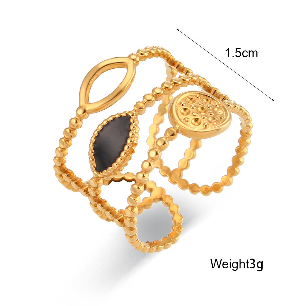 Fashionable Geometric Stainless Steel Ring with Enamel Black and White Sun Moon Star Design Three-Layer Open Band