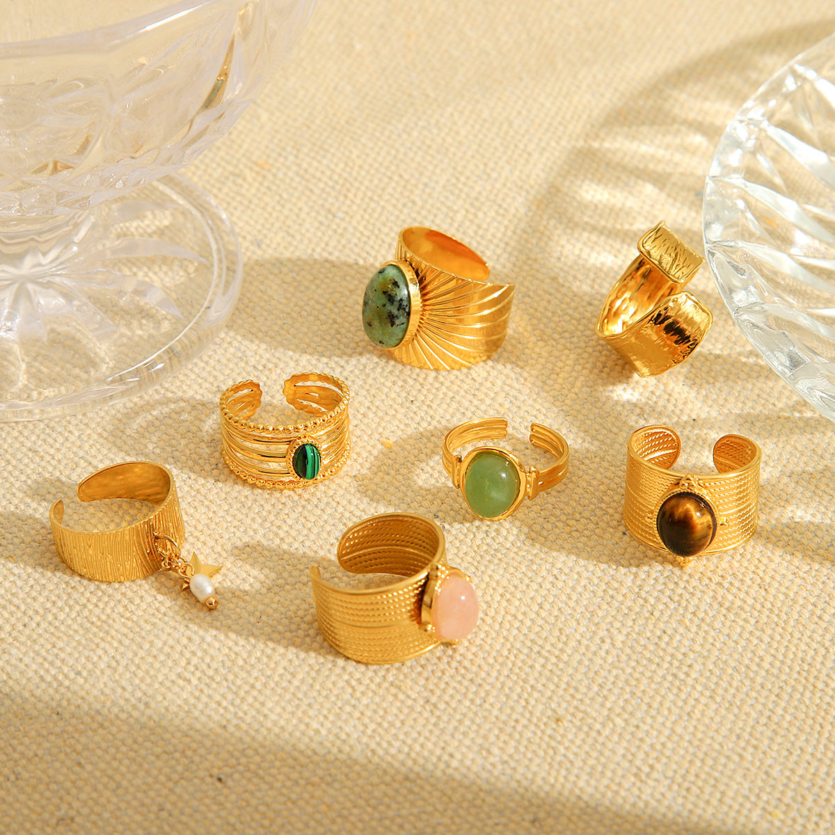 Vintage French Style Geometric Open Ring for Women Stainless Steel Ring with Plated Finish Natural Stone Accent