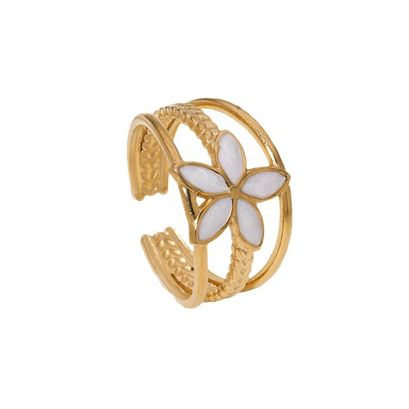 Minimalist Vintage Floral Enamel Titanium Steel Open Ring for Women with Plated Finish