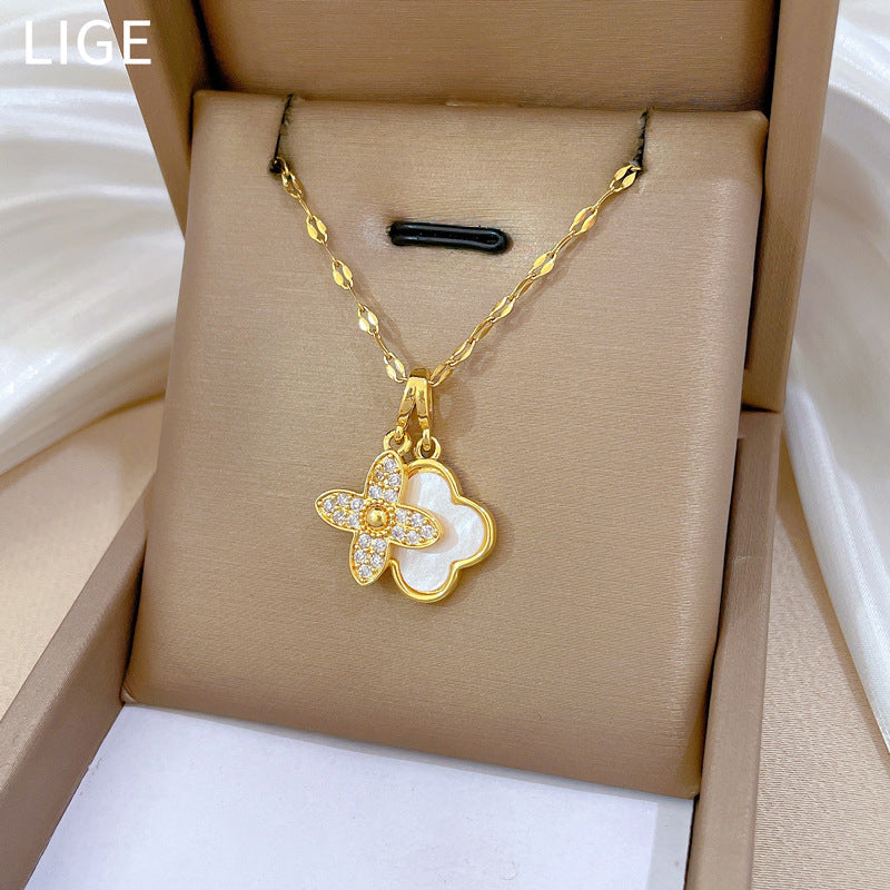 Luxury Double-Layer Floral Necklace for Women with Titanium Steel Chain and Moon Pendant