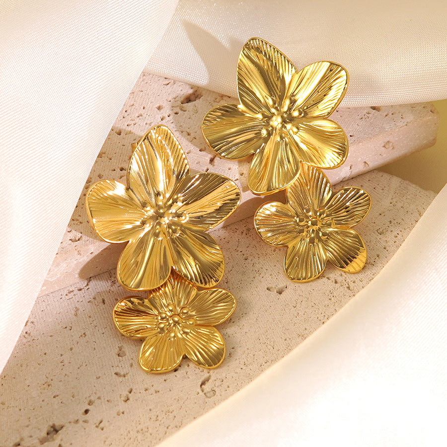 Luxury Elegant Floral Plated Stainless Steel Flower Earrings for Women