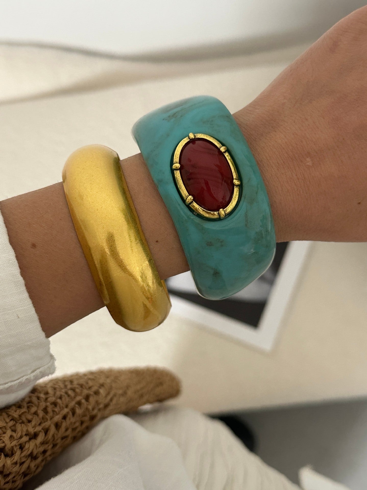 Bohemian Ethnic Round Oval Geometric Rhinestone Turquoise Inlay Plated Resin Bracelet