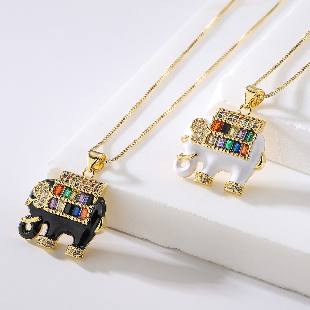 Minimalist Elephant-Shaped Enamel Pendant Necklace for Women with Brass Base and Mixed-Color Zircon Inlay