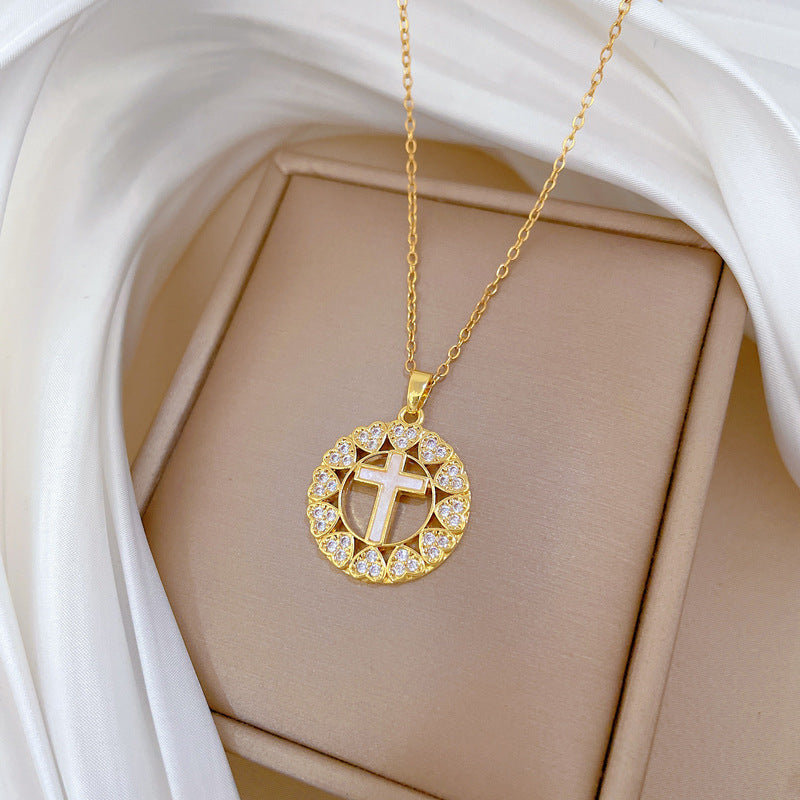 Sweet Cartoon Heart Cross Geometric Rhinestone Brass Pendant Titanium Steel Necklace for Unisex