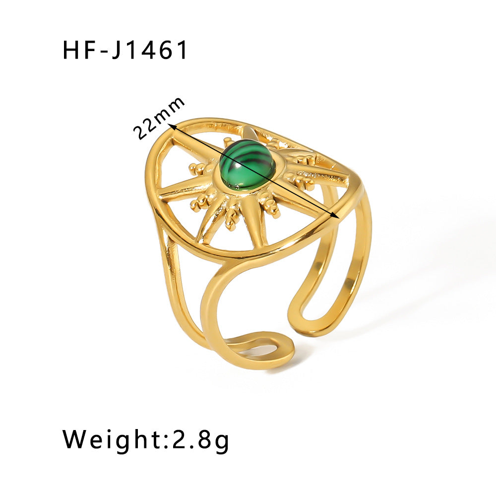 Vintage Geometric Round Emerald Green Natural Stone Stainless Steel Ring with 18K Gold Plating