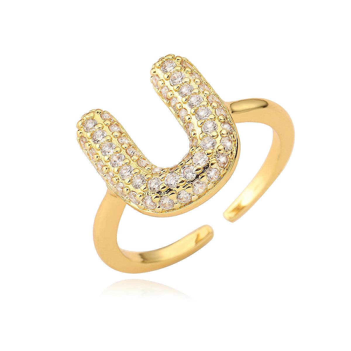 Anillo de cobre minimalista de forma geométrica con letras, chapado en oro de 18K y detalles de circonita para mujer