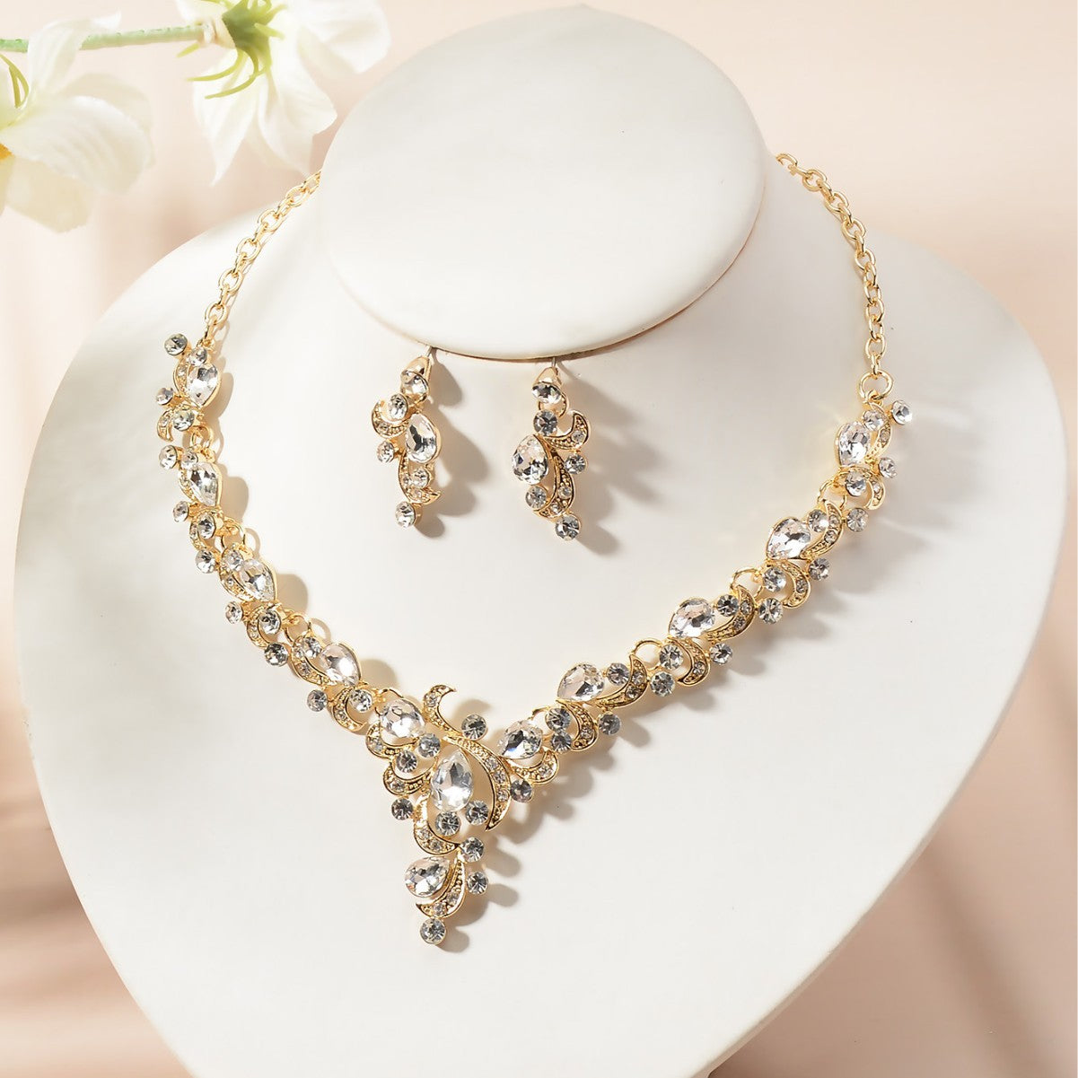 Elegant Rhinestone Floral Plated Necklace and Earrings Set for Women