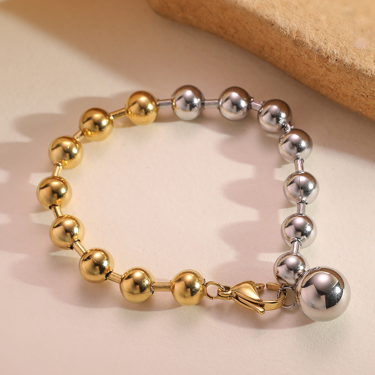 Minimalist Geometric Stainless Steel Beaded Bracelet for Women with Plated Finish and Irregular Color-Blocking Design