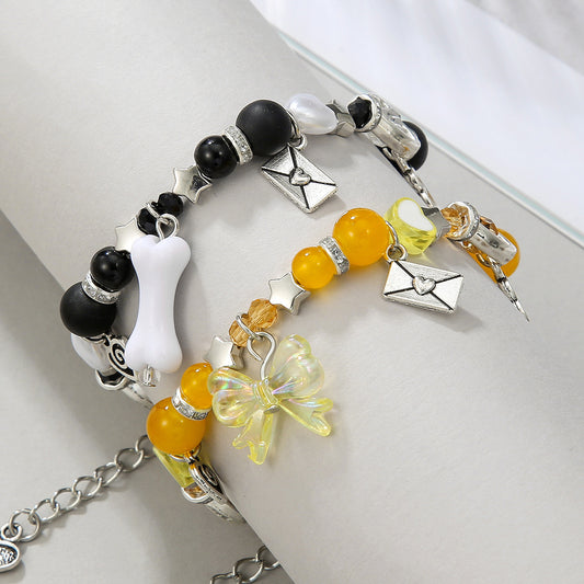 Set de Pulseras de Amistad Punk con Corazón, Lazo y Hueso para Mujer y Unisex, con Material de Aleación y Acabado Hecho a Mano
